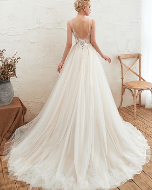 Pleated V-neck Ivory Appliqued 3D Flower A-line Wedding Dress QDWD003