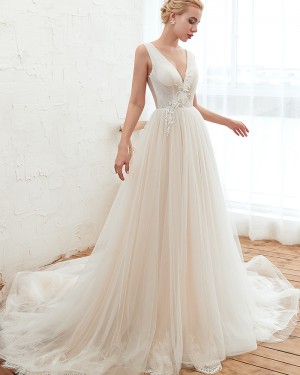 Pleated V-neck Ivory Appliqued 3D Flower A-line Wedding Dress QDWD003