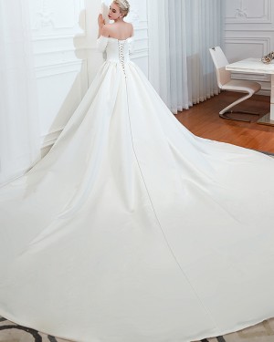 Off the Shoulder Simple Satin Long Wedding Dress with 3/4 Length Sleeves QDWD008