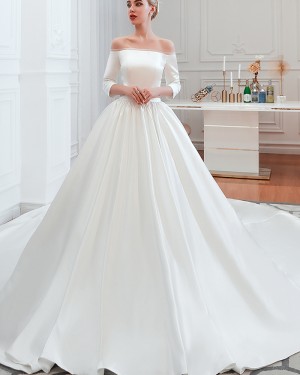 Off the Shoulder Simple Satin Long Wedding Dress with 3/4 Length Sleeves QDWD008