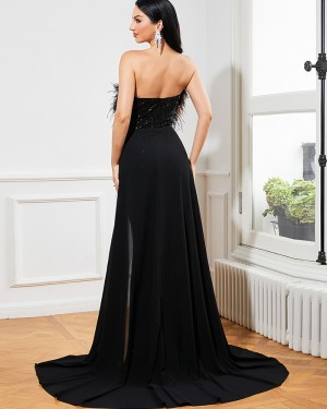 Sequin Strapless Mermaid Evening Dress with Feathers & Detachable Skirt RJ10034