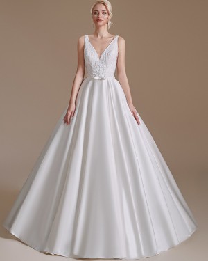 White V-neck Satin A-line Simple Bridal Dress with Lace Bodice SQWD2499
