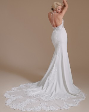 Beading Satin High Neck White Mermaid Bridal Dress with Lace Bodice SQWD2503