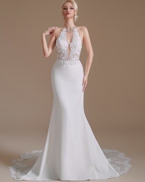 Beading Satin High Neck White Mermaid Bridal Dress with Lace Bodice SQWD2503