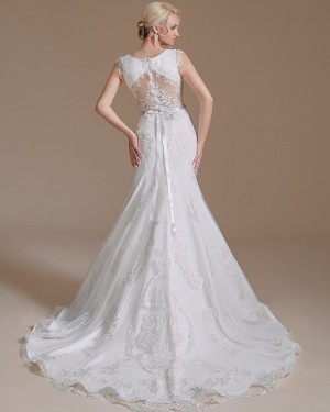 Lace Appliques Jewel White Mermaid Bridal Dress SQWD2505