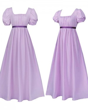 Square Neckline Fuchsia Empire Satin Vintage Bridgerton Dress with Short Sleeves VD008