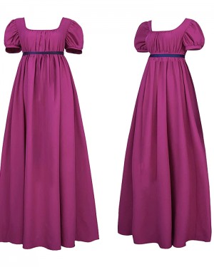Square Neckline Fuchsia Empire Satin Vintage Bridgerton Dress with Short Sleeves VD008