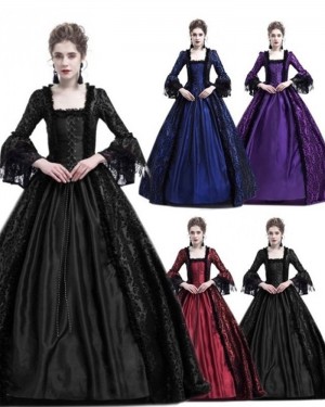Purple Lace Square Neckline Vintage Medieval Victorian Evening Ball Gown with Long Sleeves VD010