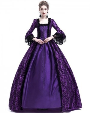 Purple Lace Square Neckline Vintage Medieval Victorian Evening Ball Gown with Long Sleeves VD010