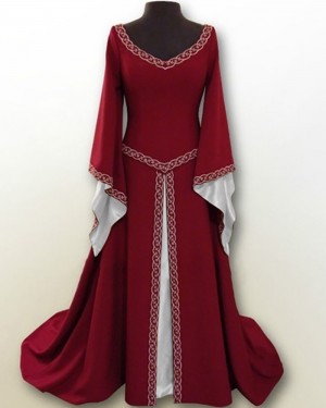 Navy Blue V-neck Lace Applique Vintage Medieval Victorian Dress with Flare Sleeves VD011