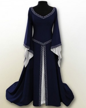 Navy Blue V-neck Lace Applique Vintage Medieval Victorian Dress with Flare Sleeves VD011