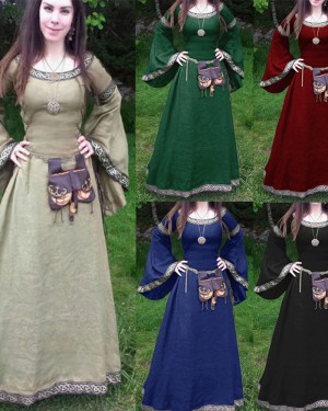Black Jewel Neckline Vintage Medieval Bridgerton Dress with Flare Sleeves VD012