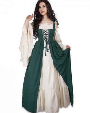 Burgundy Square Neckline Vintage Medieval Bridgerton Dress with Flare Sleeves VD013