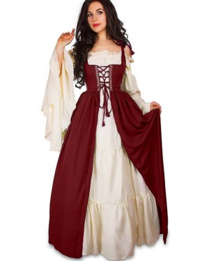 Burgundy Square Neckline Vintage Medieval Bridgerton Dress with Flare Sleeves VD013