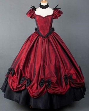 Burgundy Off the Shoulder Medieval Gothic Victorian Gown with Short Sleeves VD014