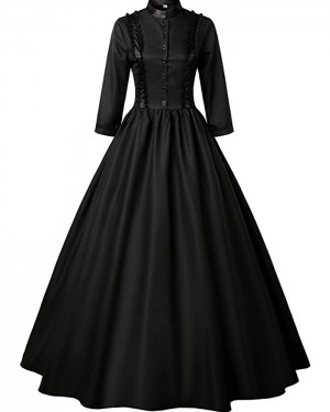 Black High Neck Medieval Gothic Victorian Dress with 3/4 Length Sleeves VD016