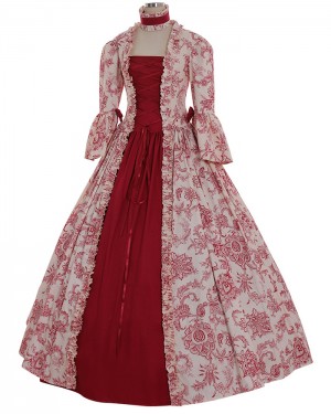 Square Neckline Print Red Medieval Gothic Victorian Dress with 3/4 Length Sleeves VD017