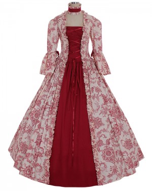 Square Neckline Print Red Medieval Gothic Victorian Dress with 3/4 Length Sleeves VD017
