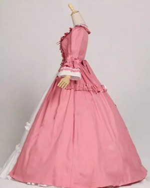 Square Neckline Pink Ruched Medieval Victorian Rococo Evening Gown with Flare Sleeves VD018