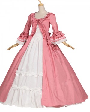 Square Neckline Pink Ruched Medieval Victorian Rococo Evening Gown with Flare Sleeves VD018