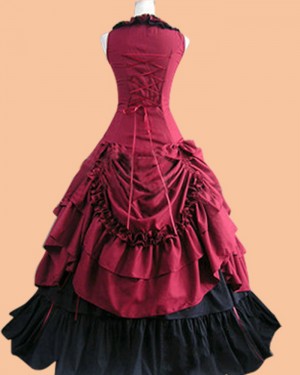 Red & Black Halter Ruffle Medieval Victorian Evening Gown VD019