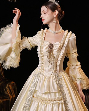 Square Neckline Ivory Ruffled Medieval Victorian Rococo Evening Ball Gown with Flare Sleeves VD020