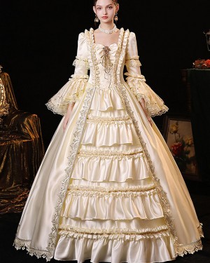 Square Neckline Ivory Ruffled Medieval Victorian Rococo Evening Ball Gown with Flare Sleeves VD020