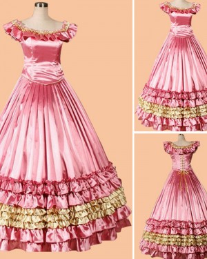 Bateau Rose Red Ruched Empire Vintage Medieval Renaissance Evening Gown VD021