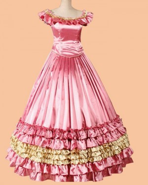 Bateau Rose Red Ruched Empire Vintage Medieval Renaissance Evening Gown VD021