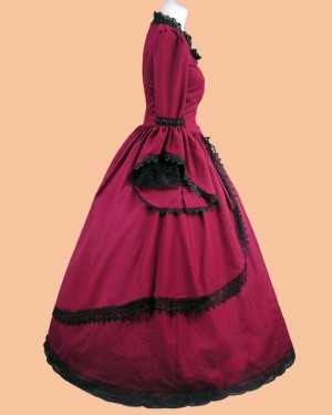 Burgundy Queen Anne Neckline Satin Appliqued Medieval Renaissance Evening Gown with Long Sleeves VD022