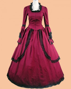 Burgundy Queen Anne Neckline Satin Appliqued Medieval Renaissance Evening Gown with Long Sleeves VD022