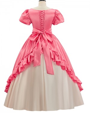 Ruched Pink Satin Medieval Renaissance Evening Gown with Short Sleeves VD024