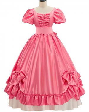 Ruched Pink Satin Medieval Renaissance Evening Gown with Short Sleeves VD024