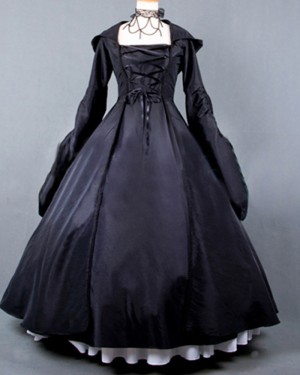 Satin Black Long Sleeves Medieval Gothic Victorian Dress with Hood VD025