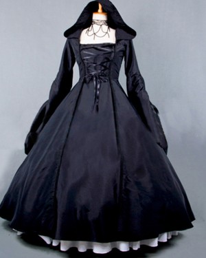 Satin Black Long Sleeves Medieval Gothic Victorian Dress with Hood VD025