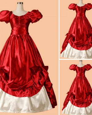 Satin Burgundy Ruched Medieval Renaissance Evening Gown with Bubble Sleeves VD026