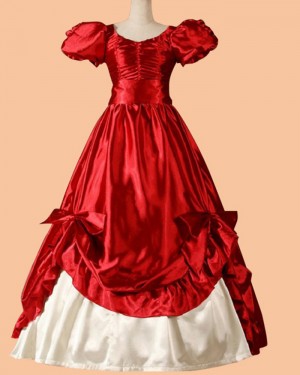 Satin Burgundy Ruched Medieval Renaissance Evening Gown with Bubble Sleeves VD026