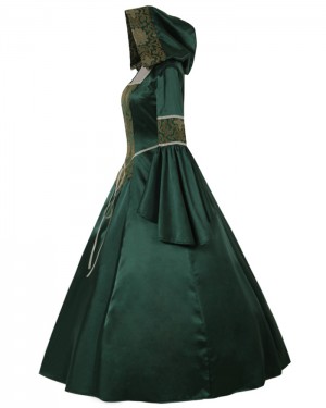 Green Print Satin Long Sleeve Medieval Gothic Victorian Dress with Hood VD027
