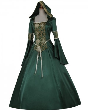 Green Print Satin Long Sleeve Medieval Gothic Victorian Dress with Hood VD027