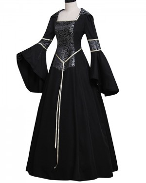 Black Print Square Neckline Satin Long Sleeve Medieval Gothic Victorian Dress with Hood VD028
