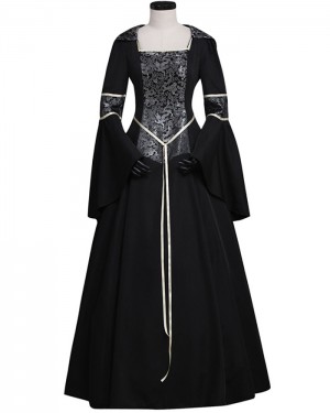 Black Print Square Neckline Satin Long Sleeve Medieval Gothic Victorian Dress with Hood VD028