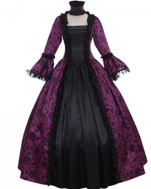 Black & Red Print Square Neckline Satin Long Sleeve Medieval Gothic Victorian Dress VD029