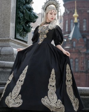 Black Jewel Neckline Victorian Rococo Evening Ball Gown with Half Length Sleeves VD031