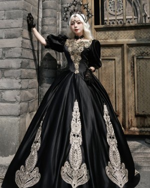 Black Jewel Neckline Victorian Rococo Evening Ball Gown with Half Length Sleeves VD031
