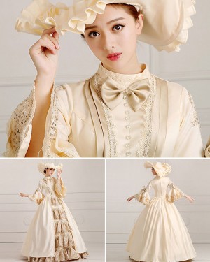 High Neck Lace Champagne Victorian Rococo Evening Ball Gown with Flare Sleeves VD032