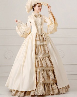 High Neck Lace Champagne Victorian Rococo Evening Ball Gown with Flare Sleeves VD032