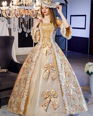 Ruched Square Neckline Lace Victorian Rococo Evening Ball Gown with Flare Sleeves VD033