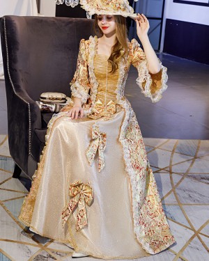 Ruched Square Neckline Lace Victorian Rococo Evening Ball Gown with Flare Sleeves VD033