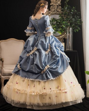 Applique Scoop Ruched Victorian Rococo Evening Ball Gown with Flare Sleeves VD034