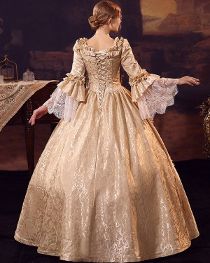 Ruched Gold Scoop Lace Victorian Rococo Evening Ball Gown with Flare Sleeves VD035
